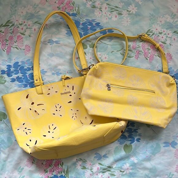 Desigual Handbag with Large Cosmetic Bag - Yellow Monstera Cutout - Picture 1 of 16